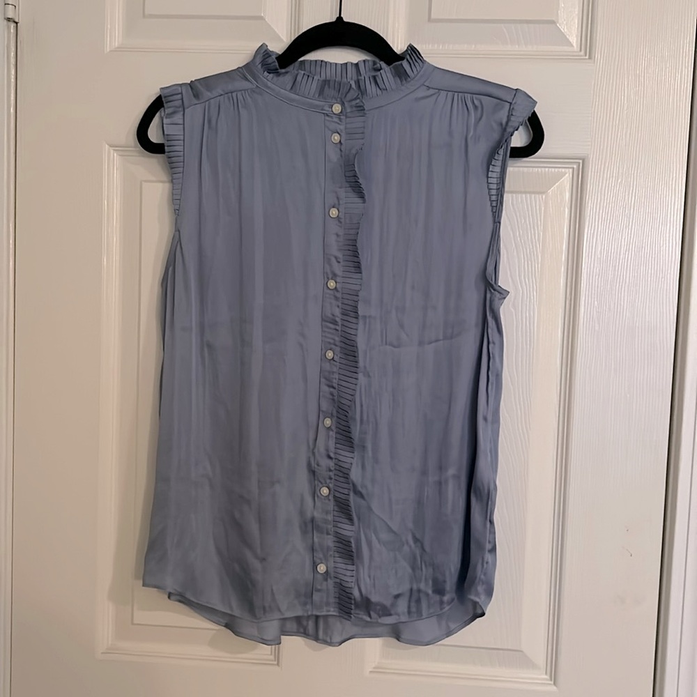 Satin blue ruffled button up Banana Republic shirt